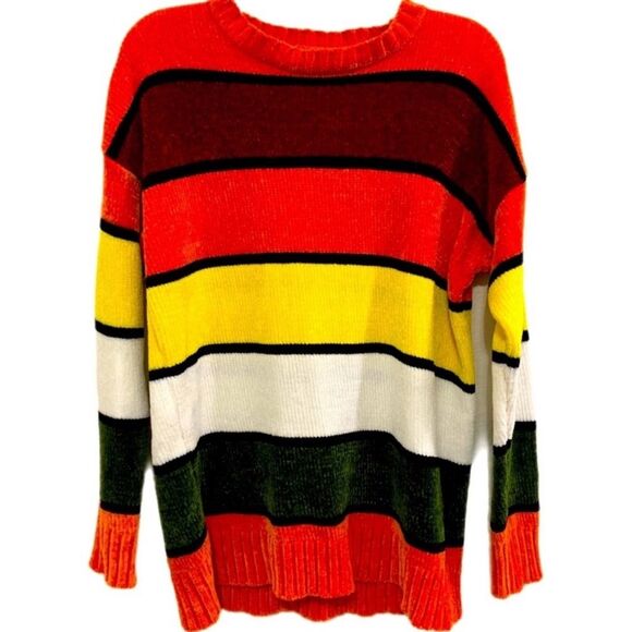 FOREVER 21 Sweater women’s medium chenille rainbow block striped Crewneck. - Picture 1 of 5